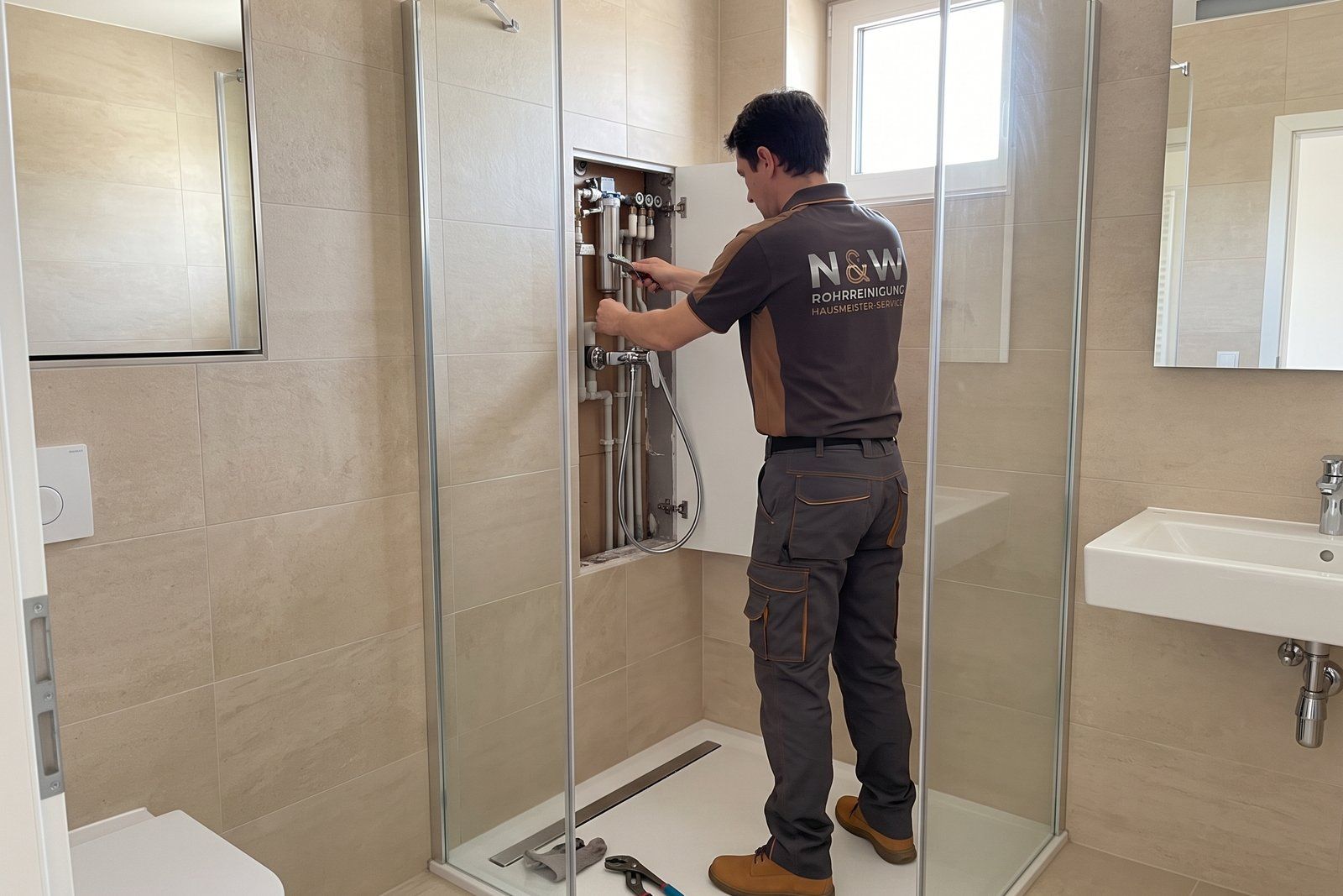 Monteur bei der Arbeit im Badezimmer