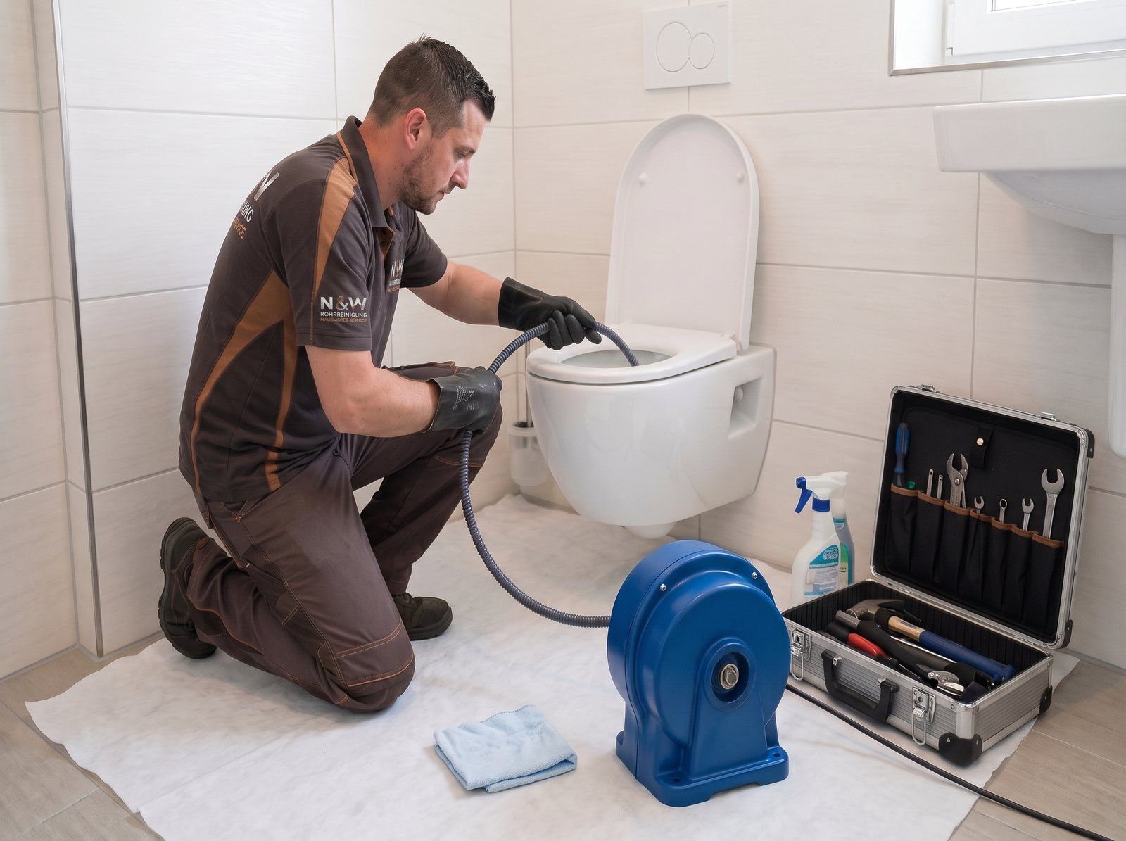 Rohrreiniger löst mit einer Spiralmaschine die Verstopfung in der Toilette, darunter eine Schutzmatte